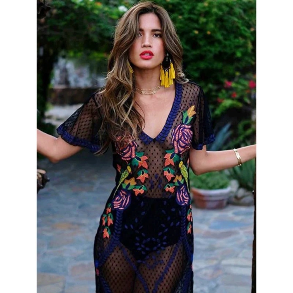 Rocky Barnes x Cleobella Size S Embroidered Black Mesh Wylde Midi Dress W/Slip